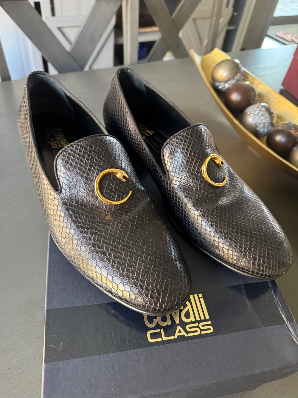 Cavalli Class Black Snake-Embossed Leather Loafers with Gold 'C' Emblem